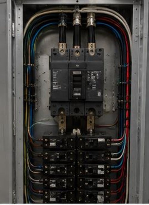 Large industrial disconnect breaker above a row of smaller breakers, with colour-coded wiring