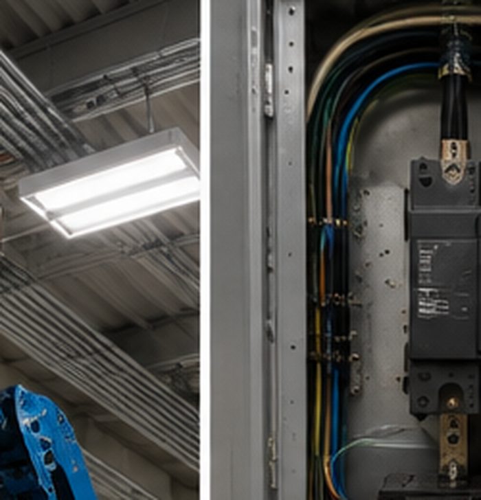 Close-up of a large industrial breaker with colour-coded red, blue, and black conductors