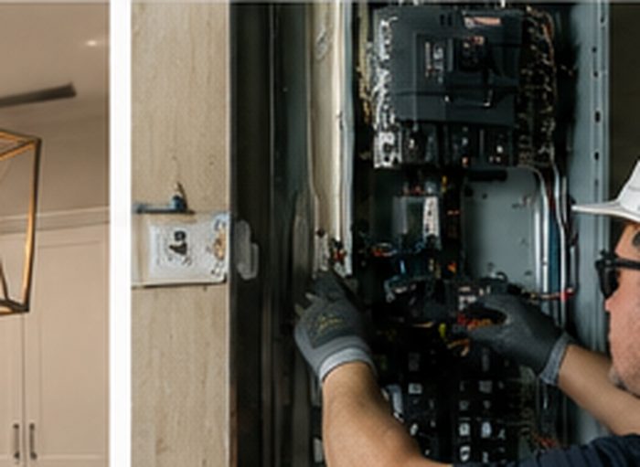 Electrician in hardhat and gloves working inside an open panel with breakers and wiring