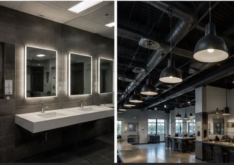 Backlit bathroom mirrors and industrial pendant lighting in a finished commercial space