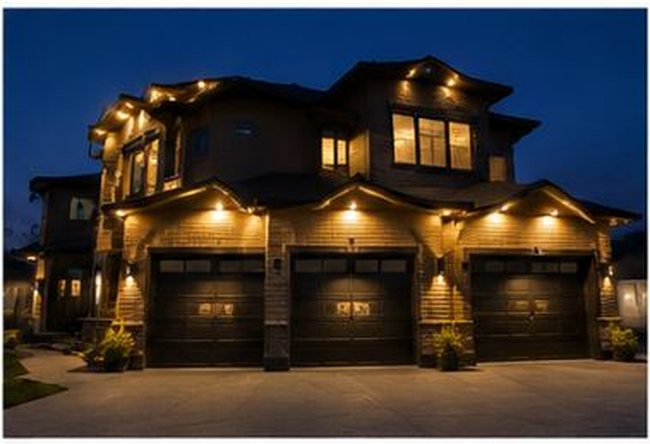 Large custom home exterior lit up at dusk with soffit and accent lighting