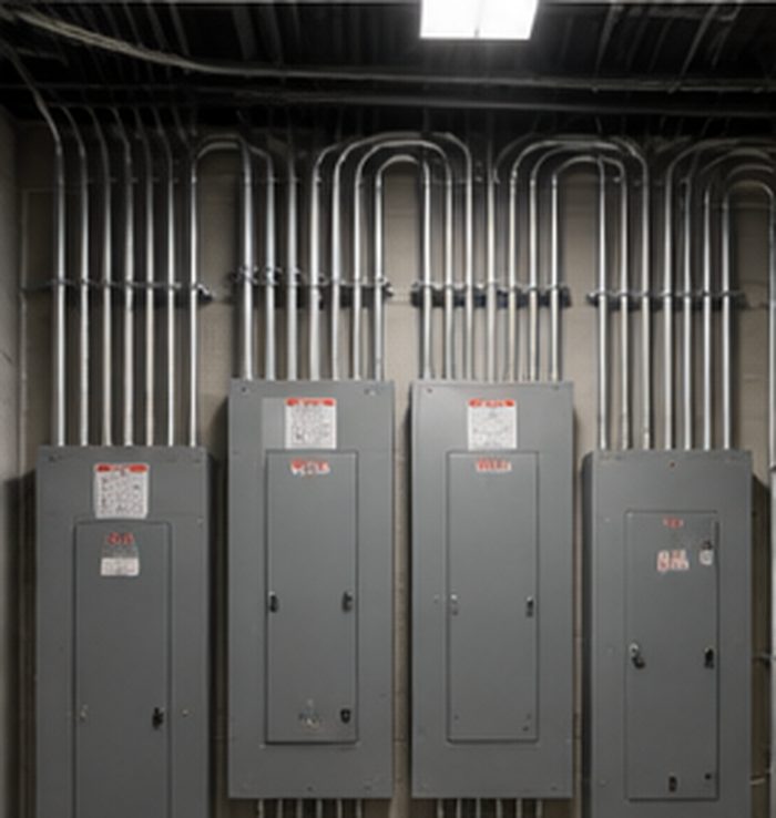 Row of four grey electrical panels mounted on a wall with extensive overhead conduit runs