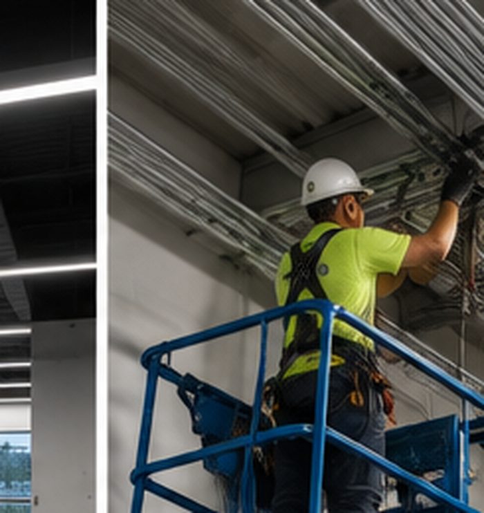 Worker in a safety harness on a scissor lift installing overhead lighting in a commercial ceiling